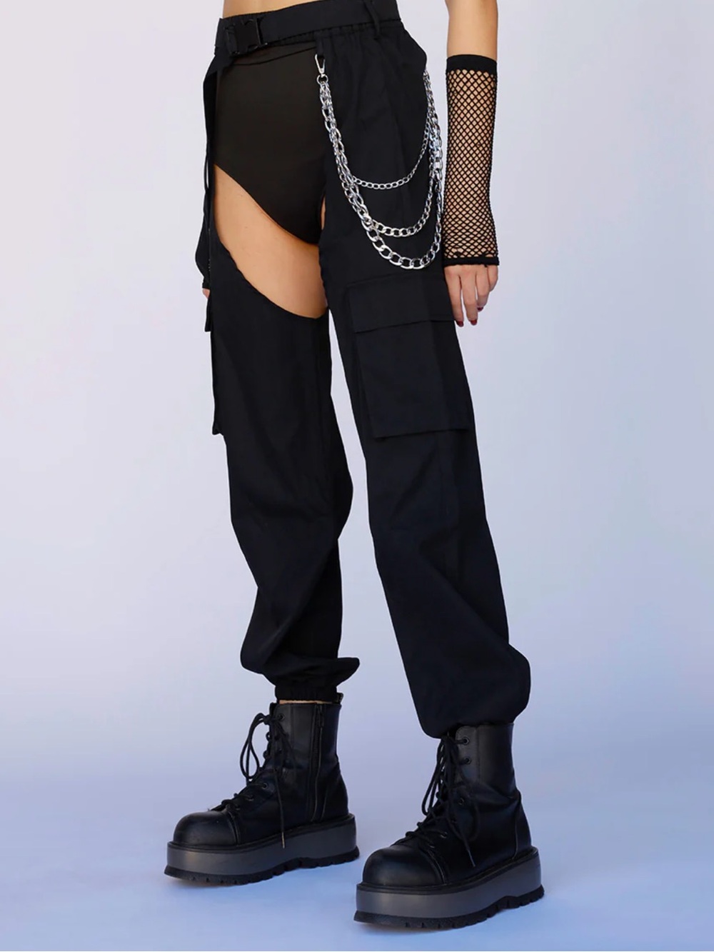 iHeartRaves Black Cutout Cargo Pants with Chain Detail